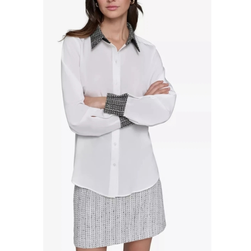 Karl Lagerfeld Paris Tweed Media Constrast Point Collar Long-Sleeve Blouse